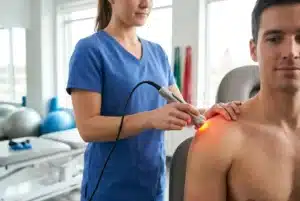 A physical therapist administering Class IV laser therapy to a patient's shoulder to reduce inflammation and speed recovery after rotator cuff surgery.