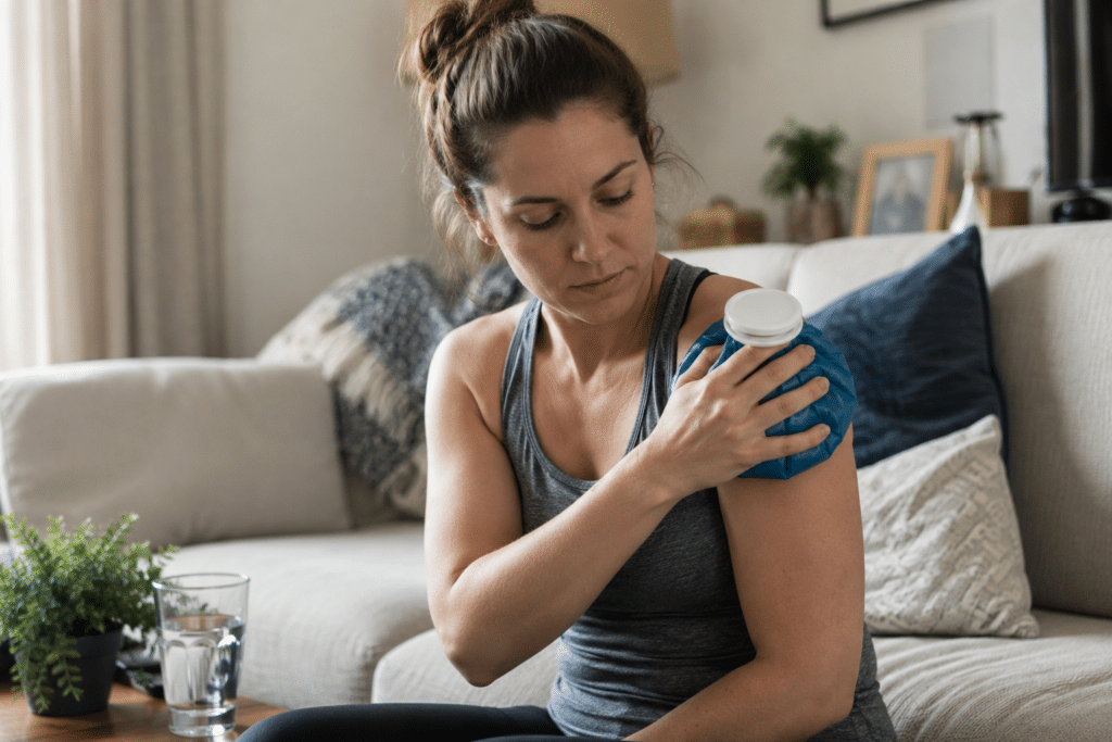 Woman applying an ice pack to her shoulder at home to help relieve joint pain after an injury.