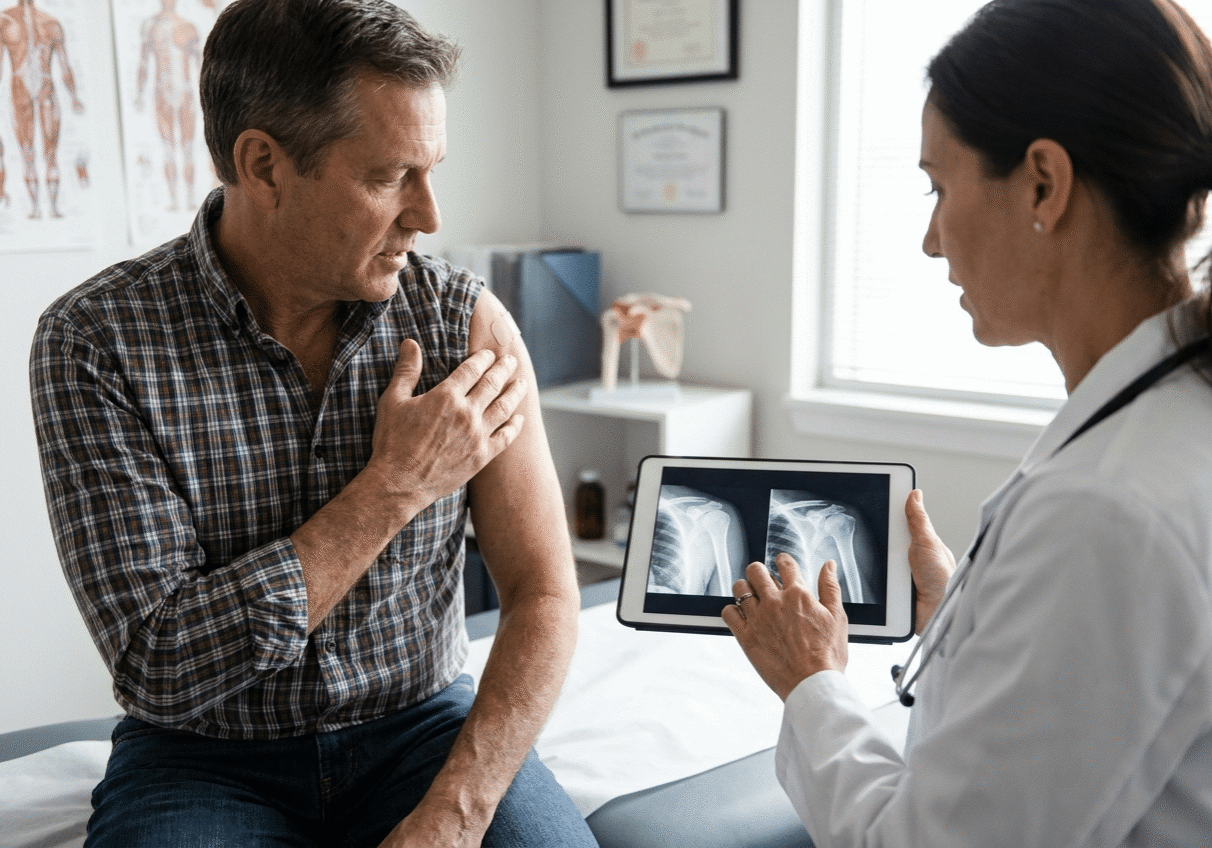 Patient discussing shoulder replacement options with an orthopedic surgeon while reviewing shoulder X-rays during a consultation.