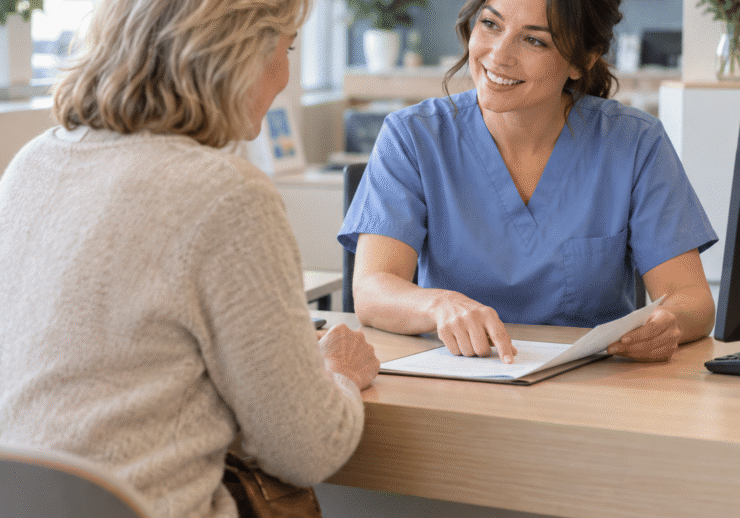 Patient reviewing insurance and payment information with office staff