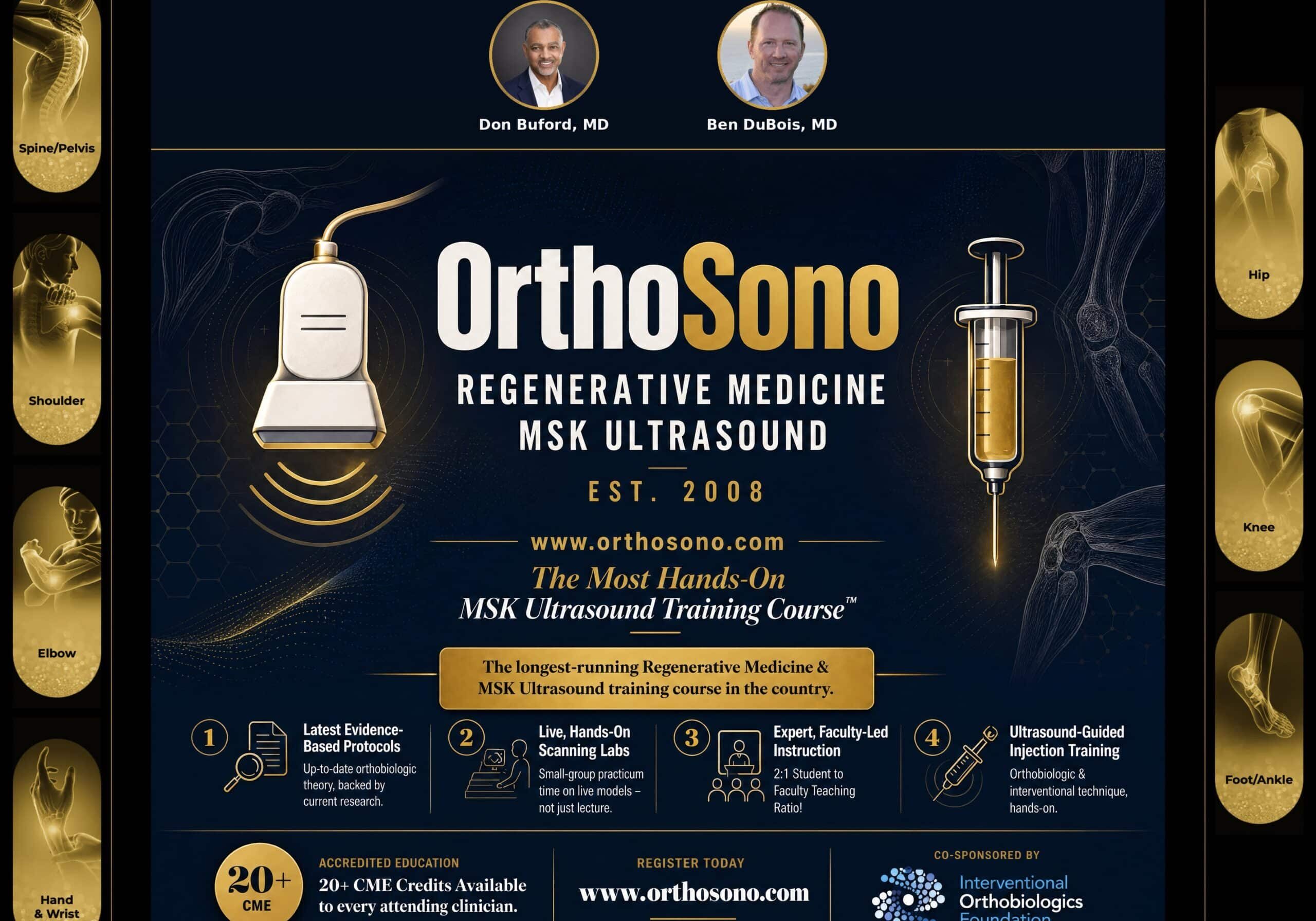 Promotional graphic for OrthoSono's hands-on MSK ultrasound and regenerative medicine training course, established in 2008.