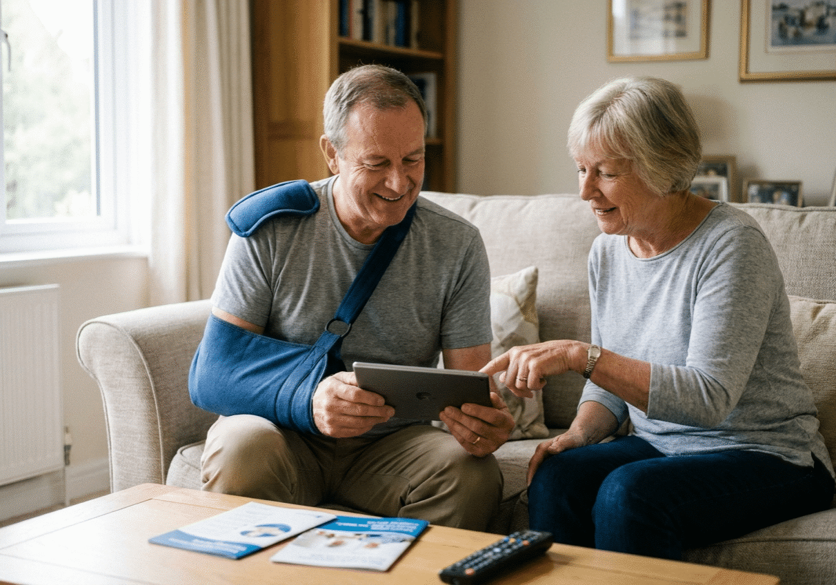 Shoulder replacement patient recovering at home with family support after same-day outpatient surgery.