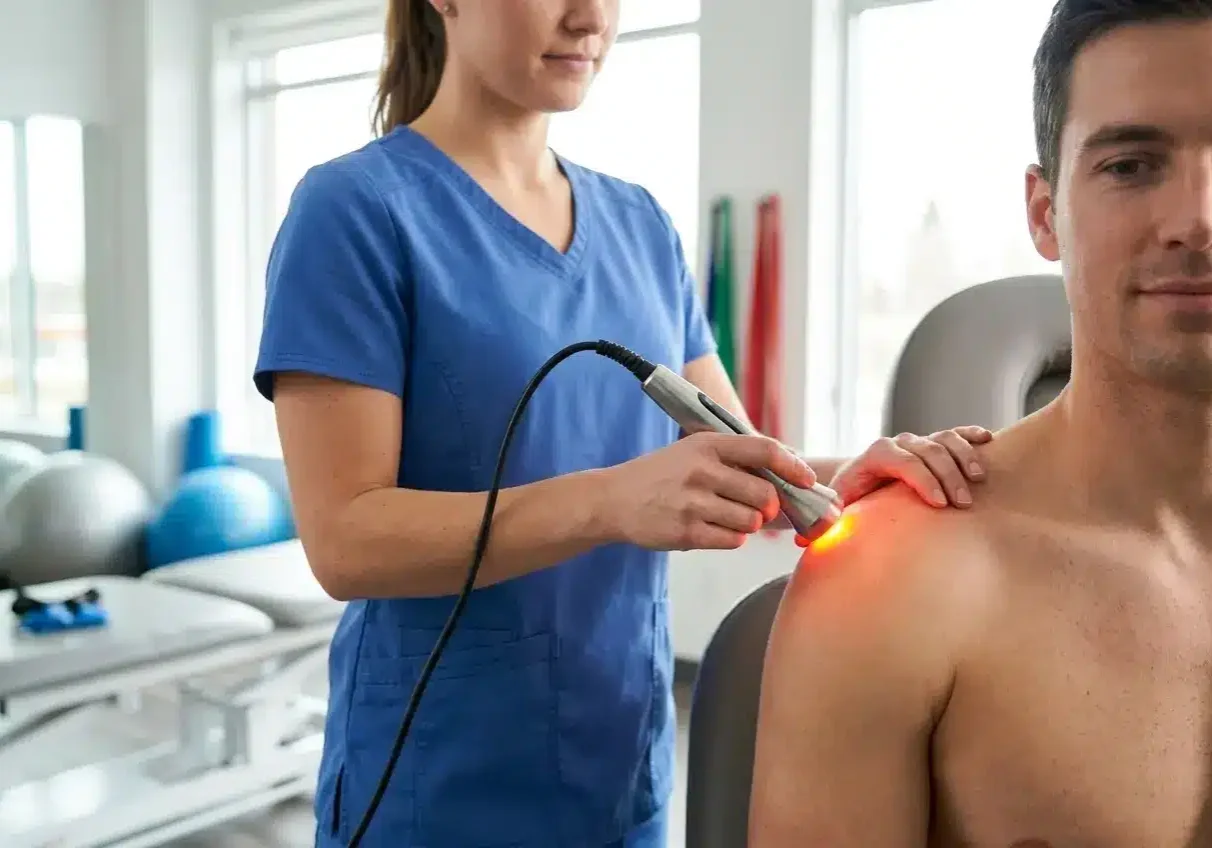 A physical therapist administering Class IV laser therapy to a patient's shoulder to reduce inflammation and speed recovery after rotator cuff surgery.