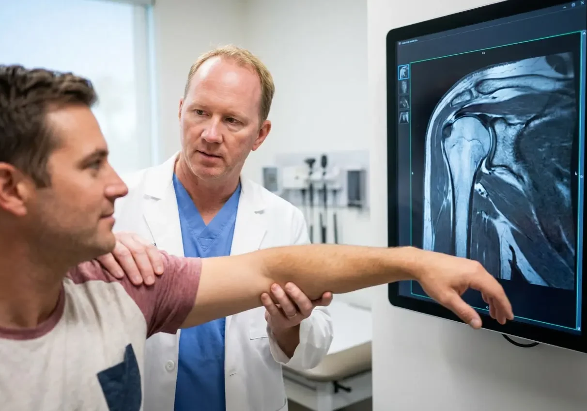 An orthopedic specialist performs a physical exam on a patient's shoulder while a clear MRI scan showing the joint is displayed on a monitor.