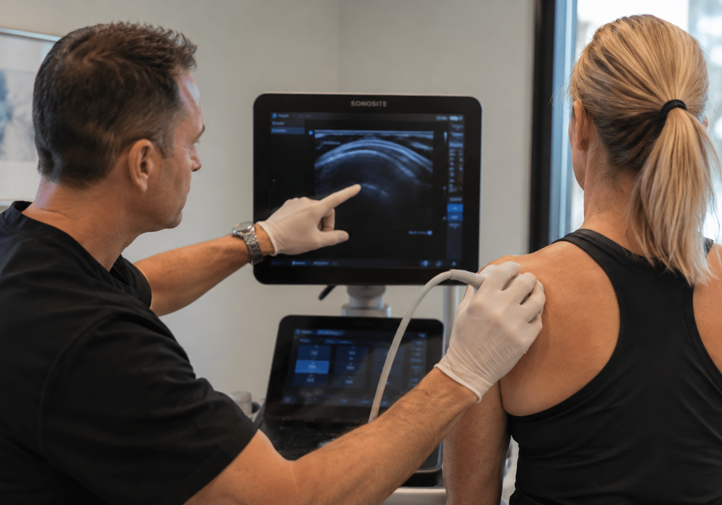 Orthopedic shoulder specialist using ultrasound guidance to evaluate a patient's shoulder before a PRP injection procedure.